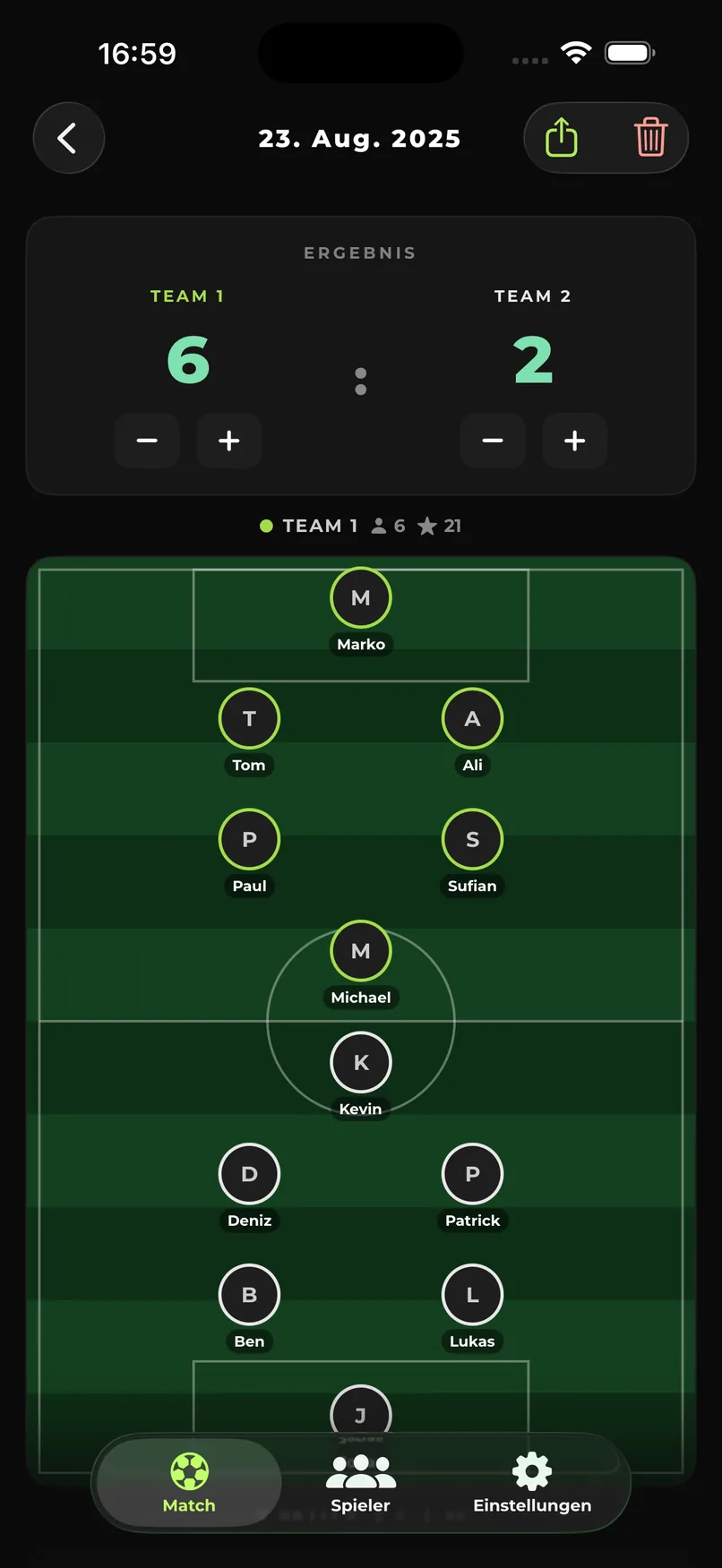Spieltag mit Ergebnis und Aufstellung